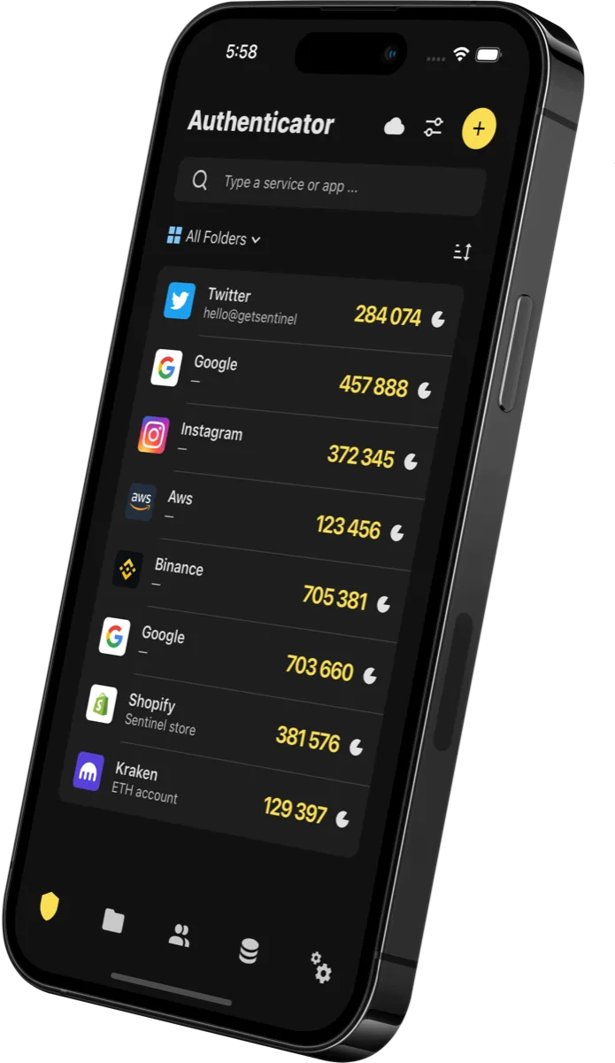 Sentinel Authenticator's home screen: a list of accounts, each with its current six-digit code in yellow